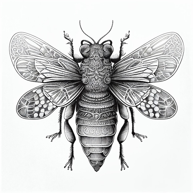 un dessin en noir et blanc d'une abeille avec un motif sur son corps génératif ai