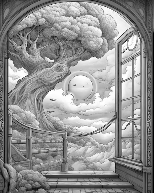 Un dessin en noir et blanc d'un arbre avec une lune dans le ciel ai générative