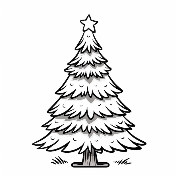 un dessin en noir et blanc d'un arbre de Noël avec une étoile sur le dessus