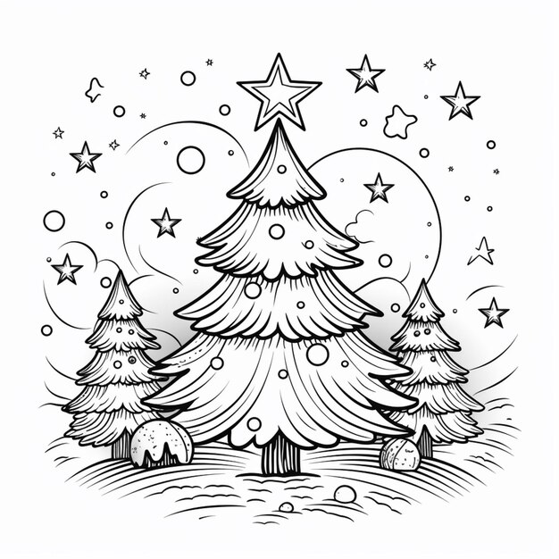 Photo un dessin en noir et blanc d'un arbre de noël avec des étoiles générative ai