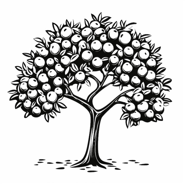 un dessin en noir et blanc d'un arbre avec des pommes dessus