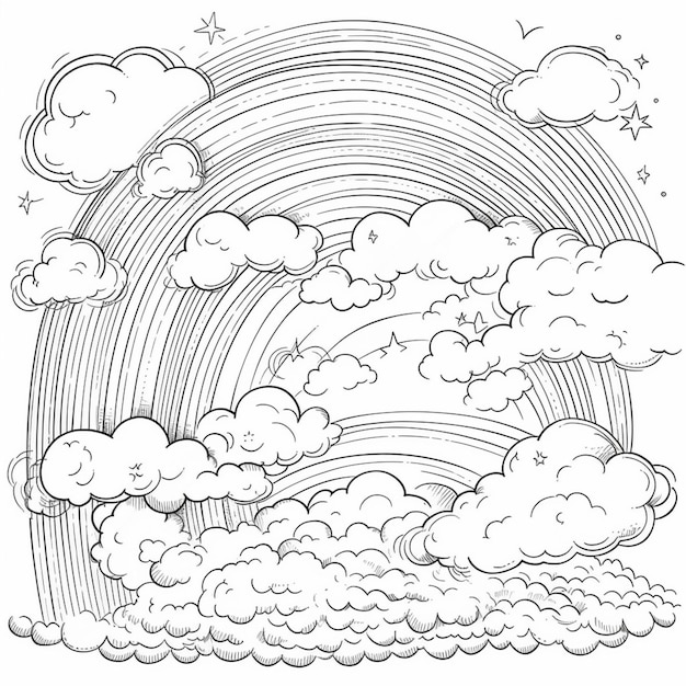 Un dessin noir et blanc d'un arc-en-ciel avec des nuages et des étoiles ai génératif