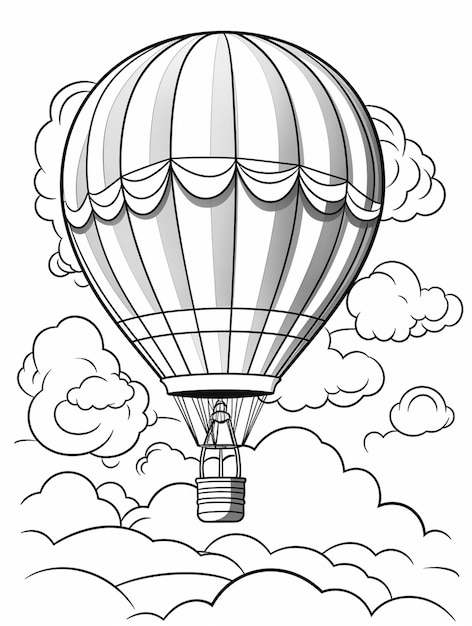 Un dessin en noir et blanc d'un ballon à air chaud volant dans le ciel AI Generative