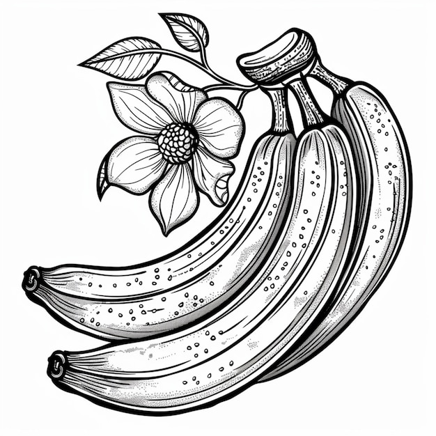 un dessin en noir et blanc de bananes avec une fleur sur le dessus