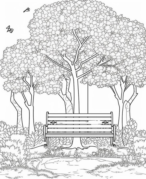 Un dessin en noir et blanc d'un banc de parc avec un arbre et le numéro 12 dessus.