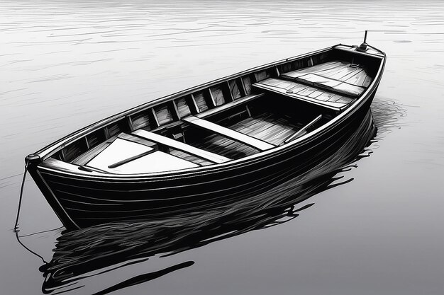 Un dessin en noir et blanc d'un bateau dans l'eau