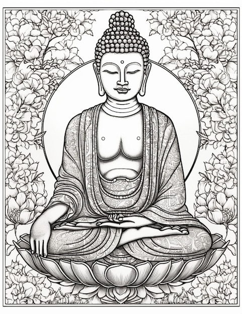 Photo un dessin en noir et blanc d'un bouddha entouré de fleurs.