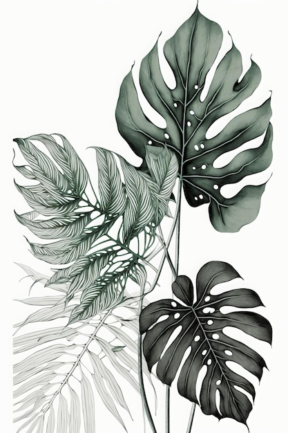 Un dessin en noir et blanc d'un bouquet de feuilles tropicales.