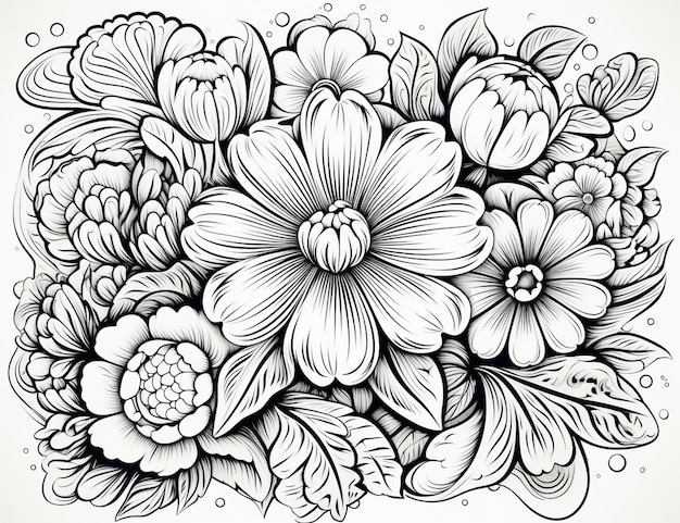 un dessin en noir et blanc d'un bouquet de fleurs ai génératif