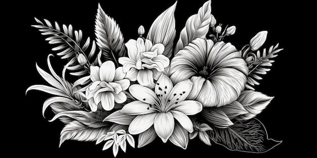 Photo un dessin noir et blanc d'un bouquet de fleurs sur fond noir ai génératif