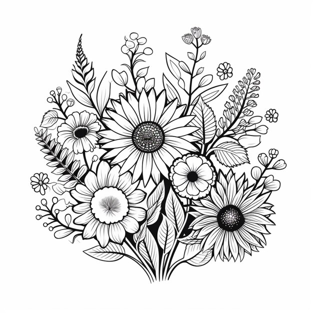 un dessin en noir et blanc d'un bouquet de fleurs génératif ai