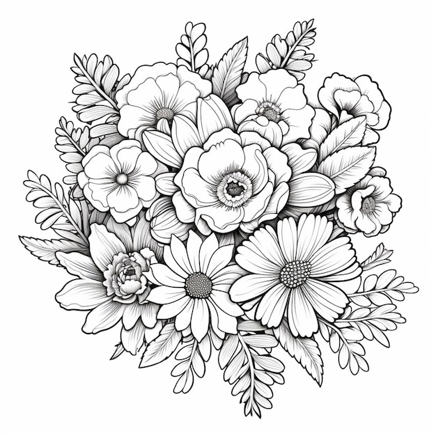 un dessin en noir et blanc d'un bouquet de fleurs génératif ai