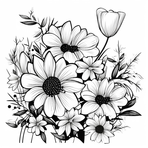 Un dessin noir et blanc d'un bouquet de fleurs générative ai