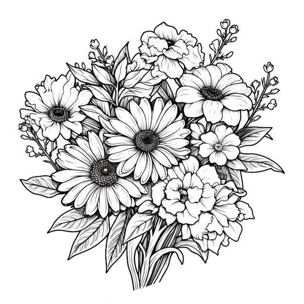 Un dessin noir et blanc d'un bouquet de fleurs générative ai