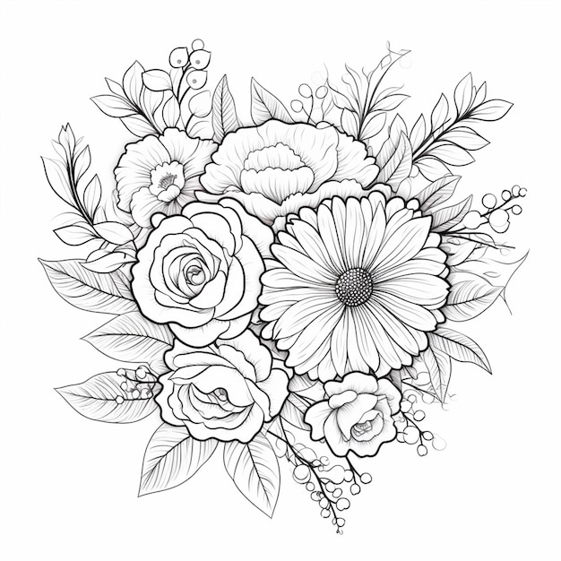 Un dessin noir et blanc d'un bouquet de fleurs générative ai