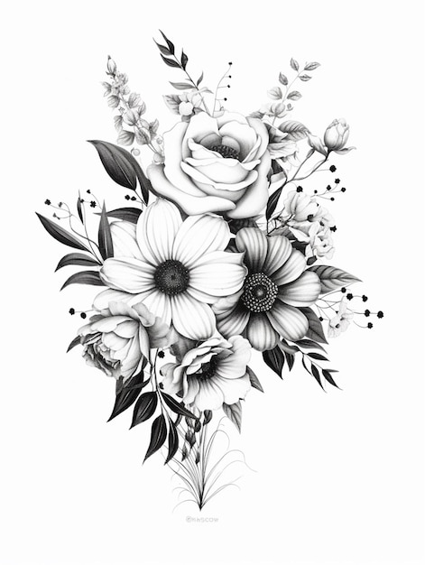 un dessin en noir et blanc d'un bouquet de fleurs. IA générative.