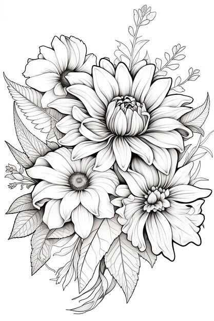 Un dessin en noir et blanc d'un bouquet de fleurs