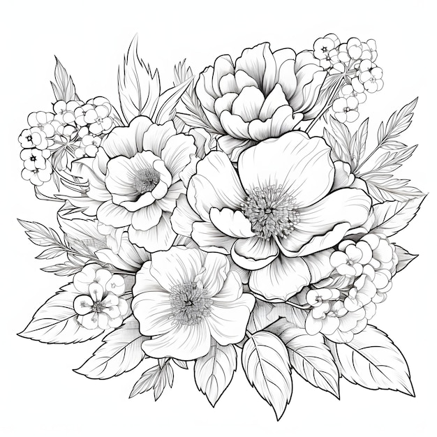 Un dessin en noir et blanc d'un bouquet de fleurs.