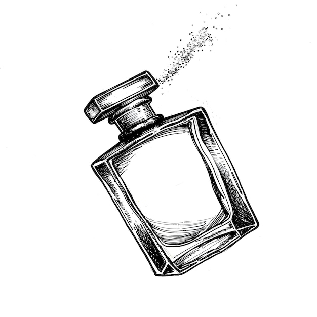 un dessin en noir et blanc d'une bouteille de parfum