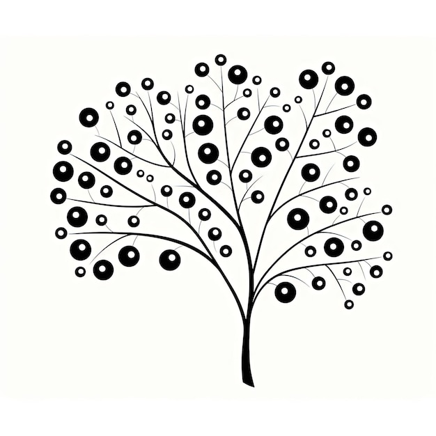 un dessin en noir et blanc d'une branche d'arbre avec des points dans le style d'un dessin animé simpliste