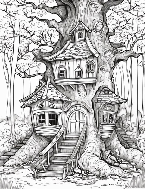 un dessin en noir et blanc d'une cabane dans les arbres avec des escaliers ai générative