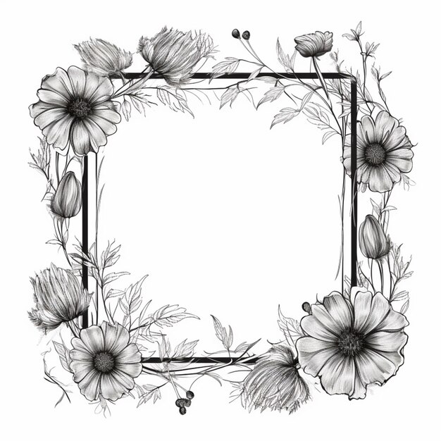 un dessin en noir et blanc d'un cadre de fleurs génératif ai