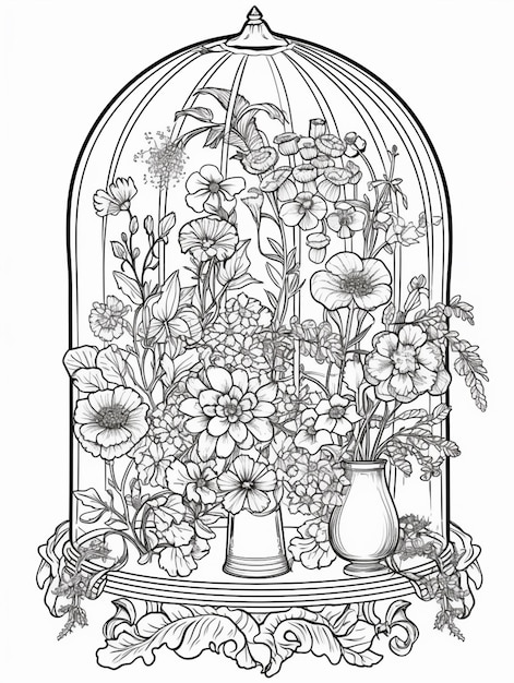 un dessin en noir et blanc d'une cage à oiseaux avec des fleurs ai générative