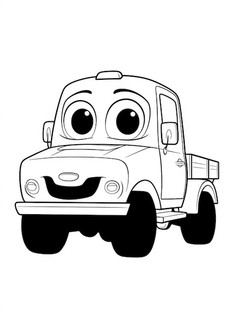 Un dessin noir et blanc d'un camion avec de grands yeux ai génératif