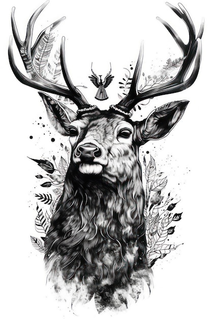 Un dessin en noir et blanc d'un cerf avec des bois et des feuilles.