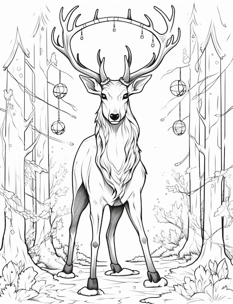 un dessin en noir et blanc d'un cerf dans les bois génératif ai