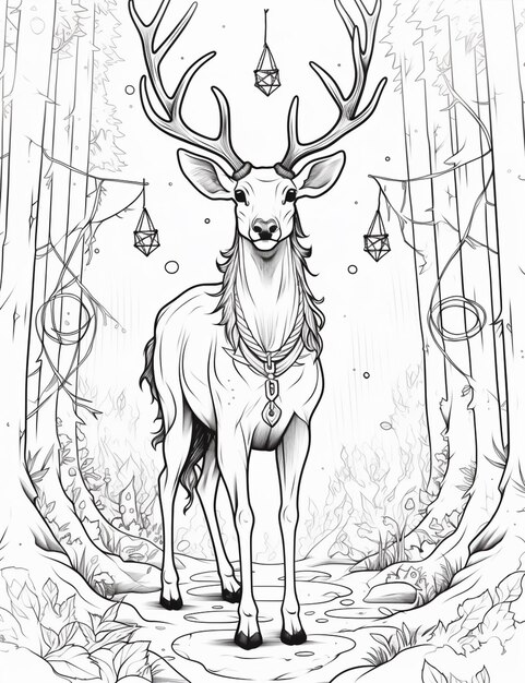 un dessin en noir et blanc d'un cerf dans une forêt générative ai