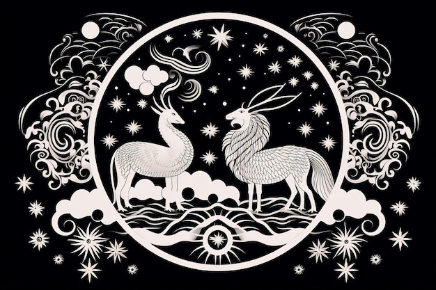 un dessin en noir et blanc d'un cerf et d'une lune avec des étoiles en arrière-plan.