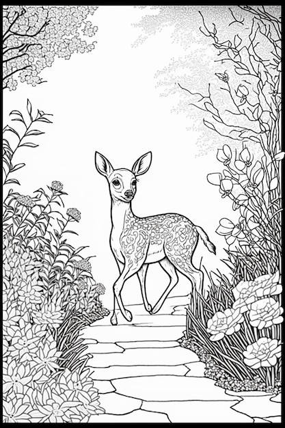 Un dessin en noir et blanc d'un cerf marchant dans un chemin.