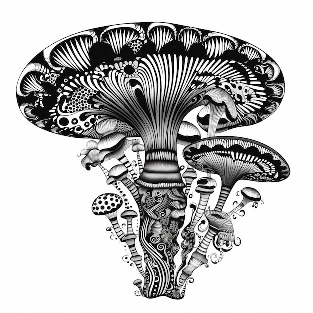 un dessin en noir et blanc d'un champignon avec beaucoup de champignons ai génératif