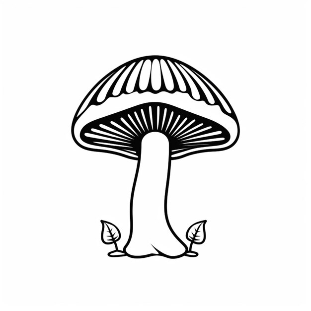 un dessin en noir et blanc d'un champignon avec des feuilles génératives ai