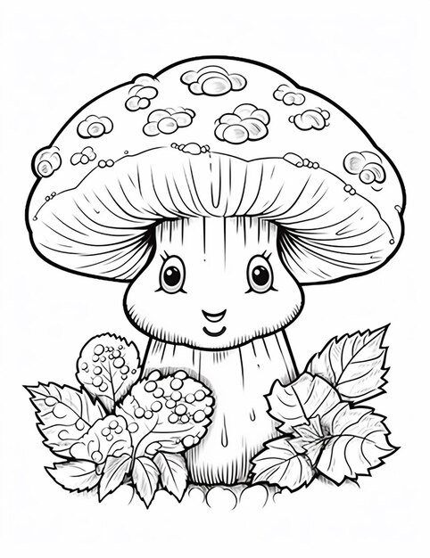 Photo un dessin en noir et blanc d'un champignon avec des feuilles génératives ai