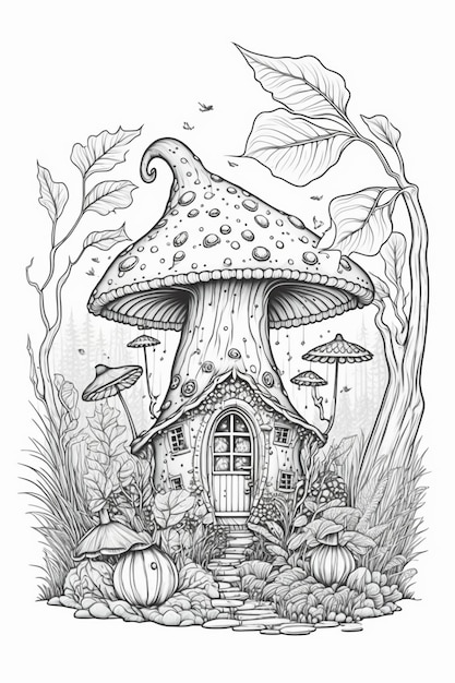 Un dessin noir et blanc de champignonnière avec champignons citrouilles générative ai