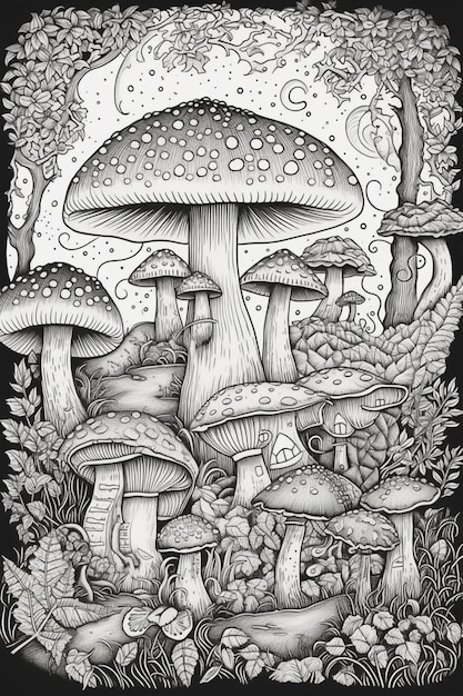 un dessin en noir et blanc de champignons et de champignons dans les bois ai génératif