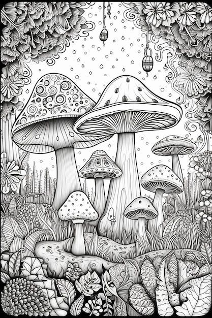 un dessin en noir et blanc de champignons dans une forêt ai générative