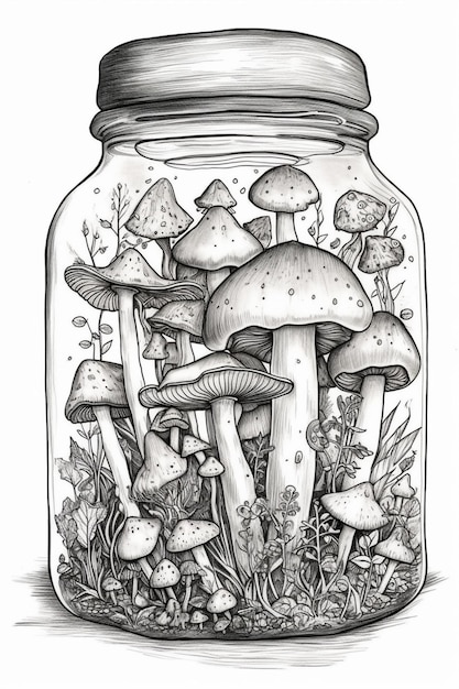 un dessin noir et blanc de champignons dans un pot ai générative