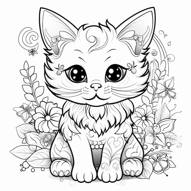 un dessin en noir et blanc d'un chat assis dans un jardin de fleurs génératif ai