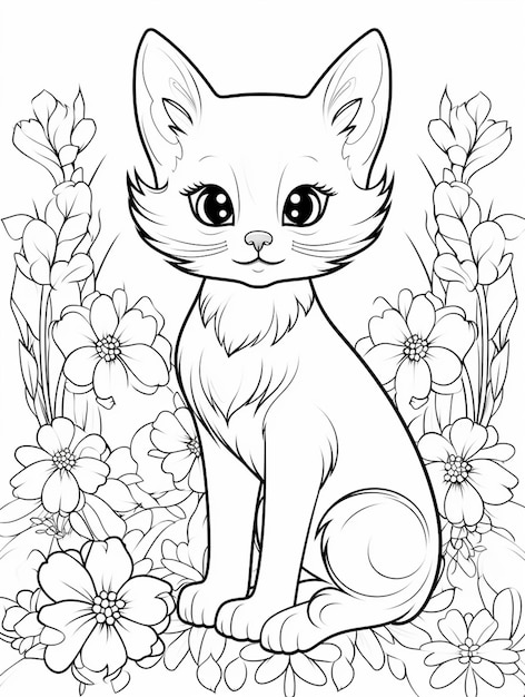 Photo un dessin en noir et blanc d'un chat assis dans un jardin de fleurs génératif ai