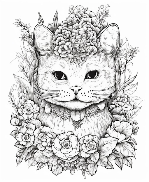 Un dessin en noir et blanc d'un chat avec une couronne de fleurs sur la tête.