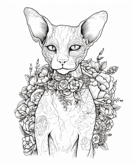 Un dessin en noir et blanc d'un chat avec des fleurs sur le devant.