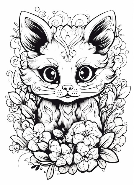 un dessin en noir et blanc d'un chat avec des fleurs. IA générative.