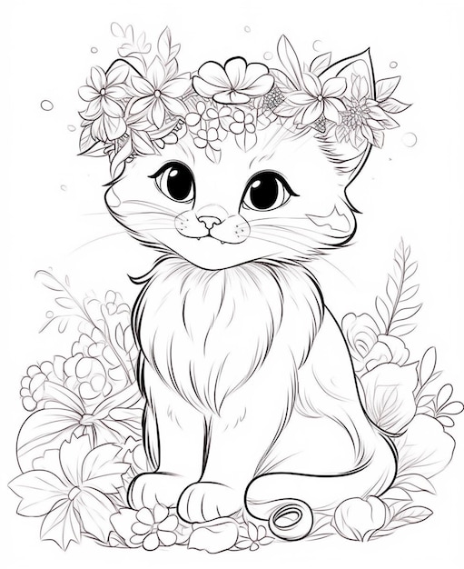 un dessin en noir et blanc d'un chat avec des fleurs sur sa tête