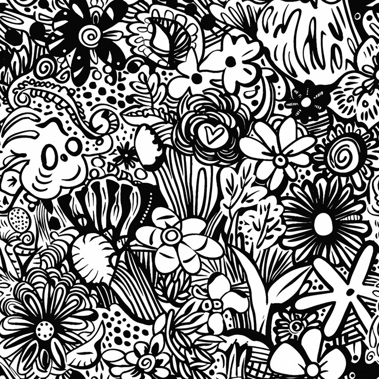 Photo un dessin en noir et blanc d'un chat et de fleurs