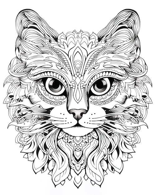 un dessin en noir et blanc d'un chat avec un motif dessus