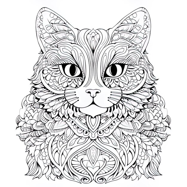 un dessin en noir et blanc d'un chat avec un motif de fleurs dessus