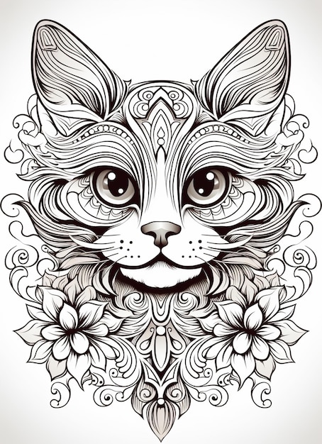 un dessin en noir et blanc d'un chat avec un motif floral sur son visage